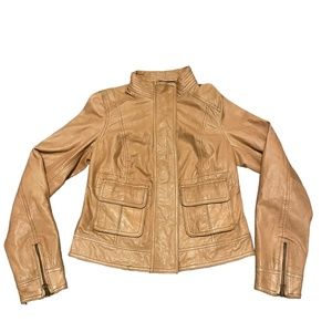 Lucky Brand Camel Color Gypsy Lamb Leather Mock Collar‎ Moto Jacket Sz S